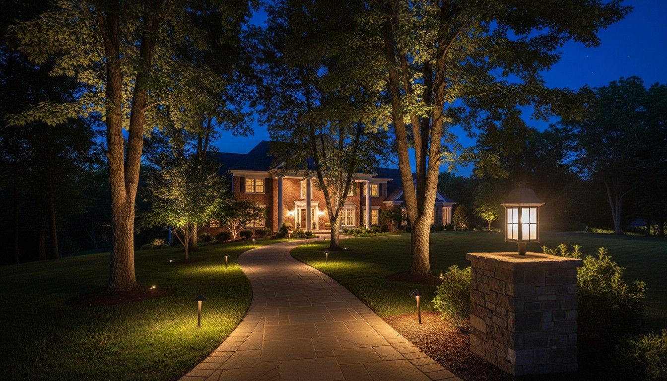 A paver walkway at night with path lights and uplit trees